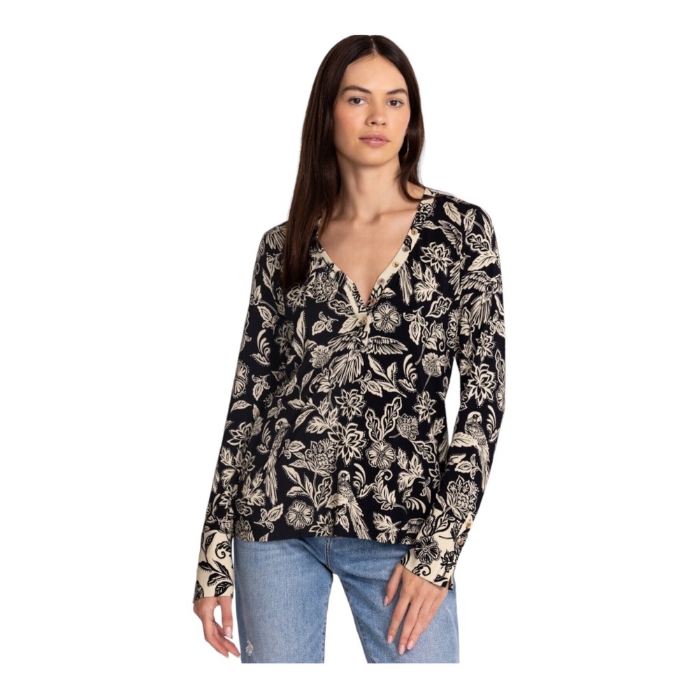 JOHNNY WAS Women's Noah Henley Floral Black & White Stretch Top size Small